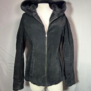 SONOMA Faux Suede Faux Fur Hoodie‎ Jacket Women M Black Zip Up Winter Cozy Soft